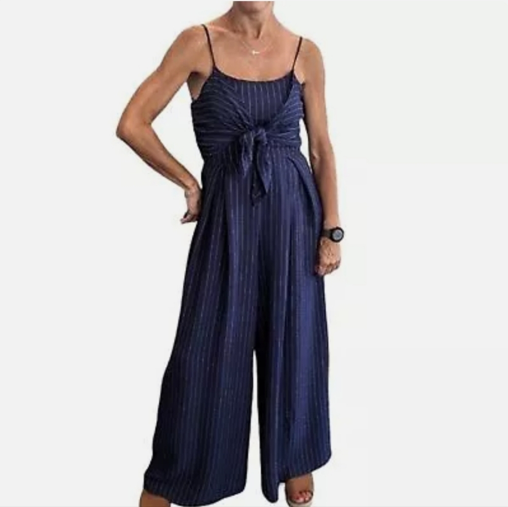 Navy Pinstriped Sleeveless Extreme Wide Leg Front Tie Jumpsuit Size Medium Tall